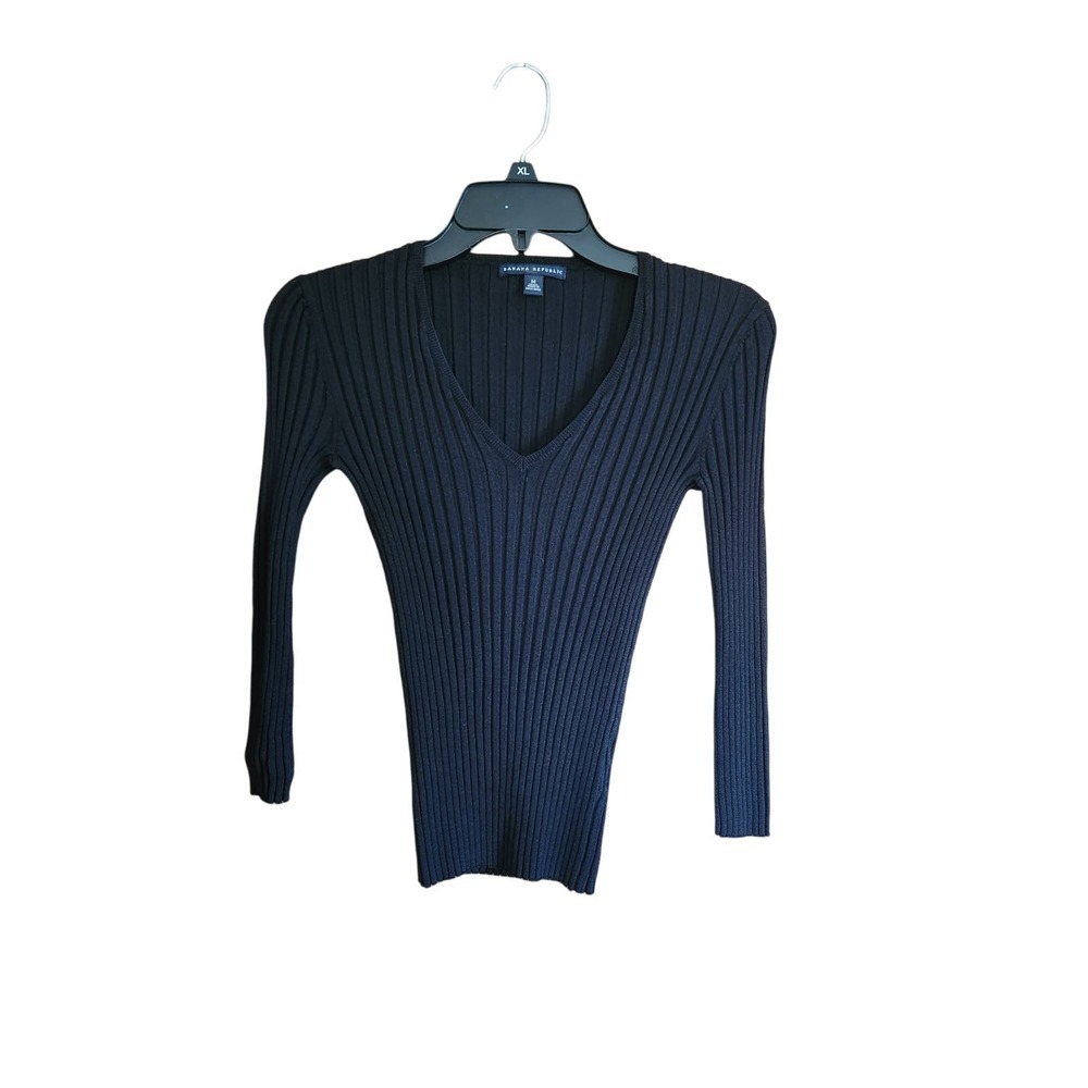 Banana Republic Slim Stretchy Ribbed Knit Qtr. sleeve black top Womens Size M